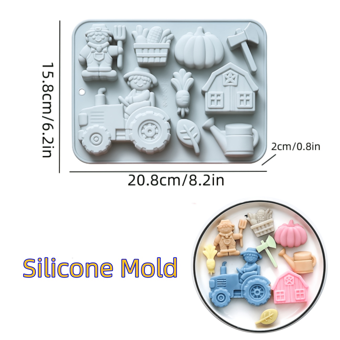 TEMU Resin Liquid Mold 9-cavity Farm Theme Shaping Silicone Mold Agricultural Machinery Pumpkin Plant Axe Candle Plaster Ornaments Dropping Mold