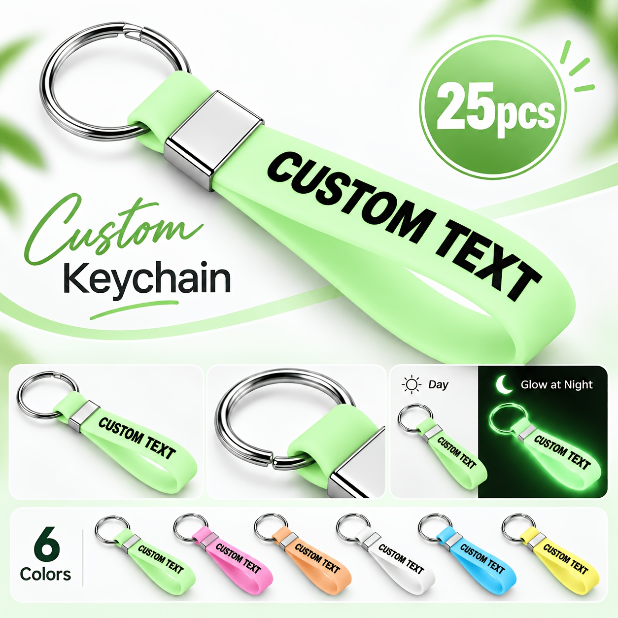 TEMU 25pcs Custom Luminous Silicone Keychains, Solid Color With Customizable Slogans, Suitable For Company Team Building, Parties, And Gifts