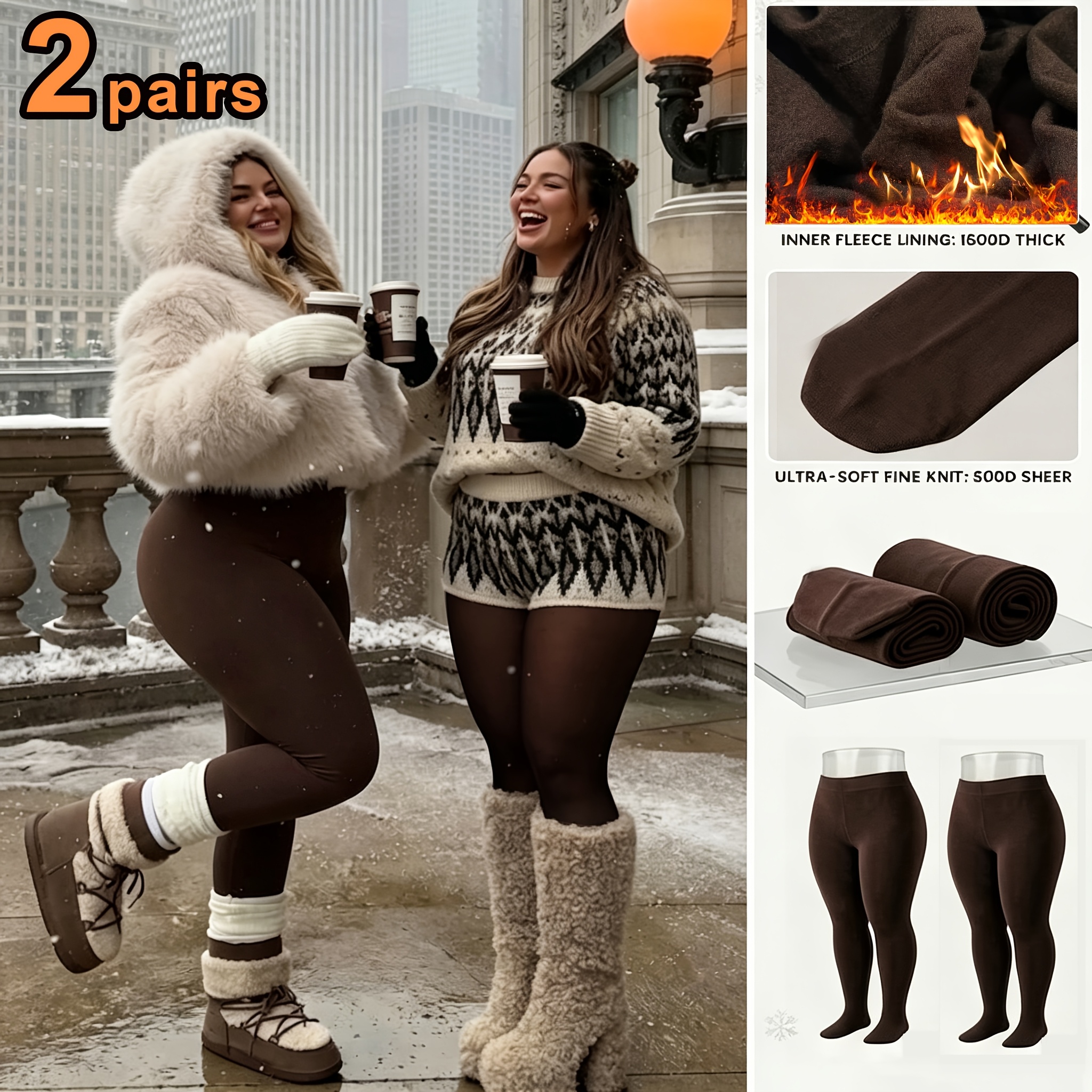 TEMU 2- Size Women's -lined Thermal Vintage Black-brown Tights, High-waist Non-drop Crotch Bodysuit, And Figure-hugging, Warm Without Bulk, Durable