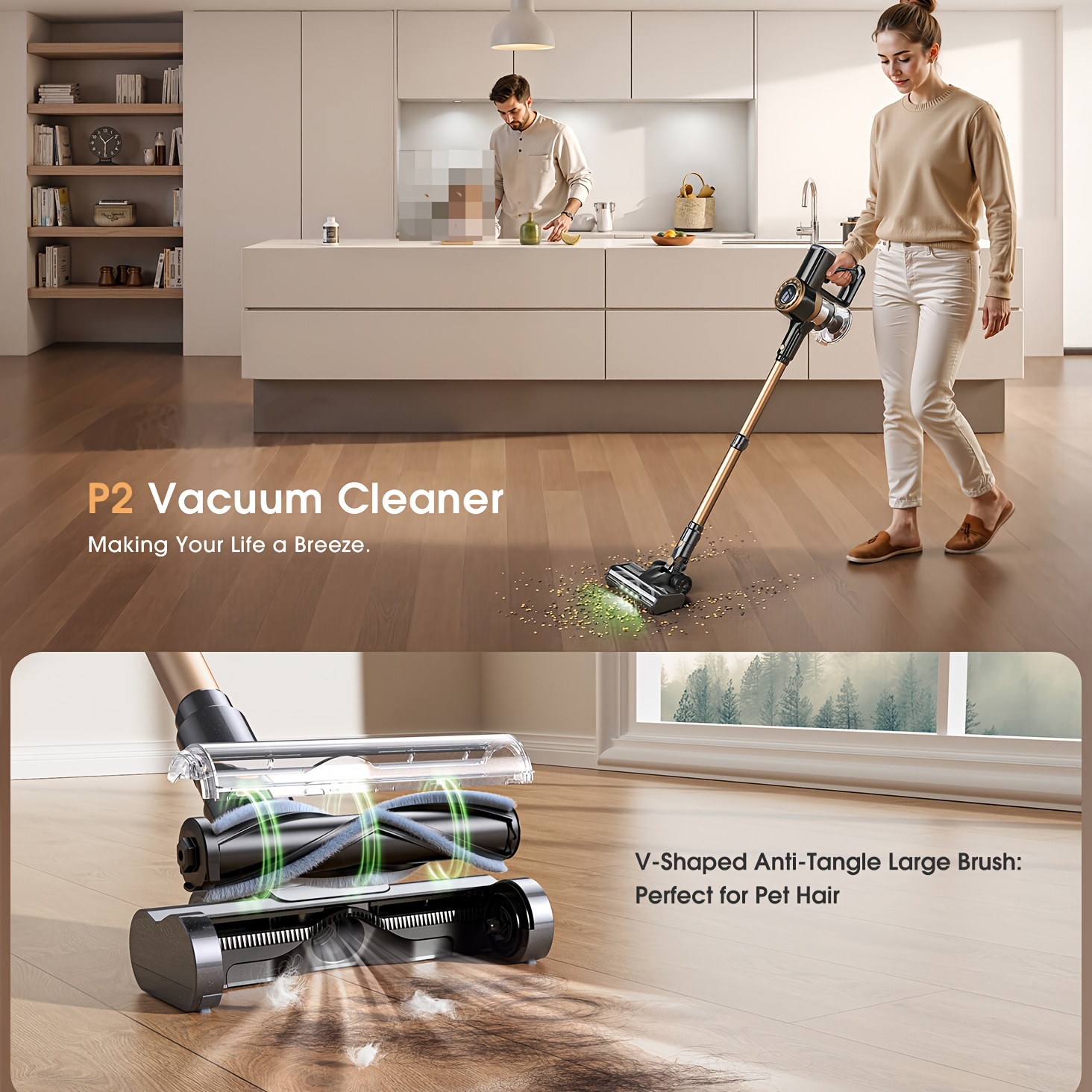 Lubluelu P2 Draadloze Stofzuiger, 33Kpa Staafstofzuiger met -Klitten Borstel en Verbeterd Groen Licht