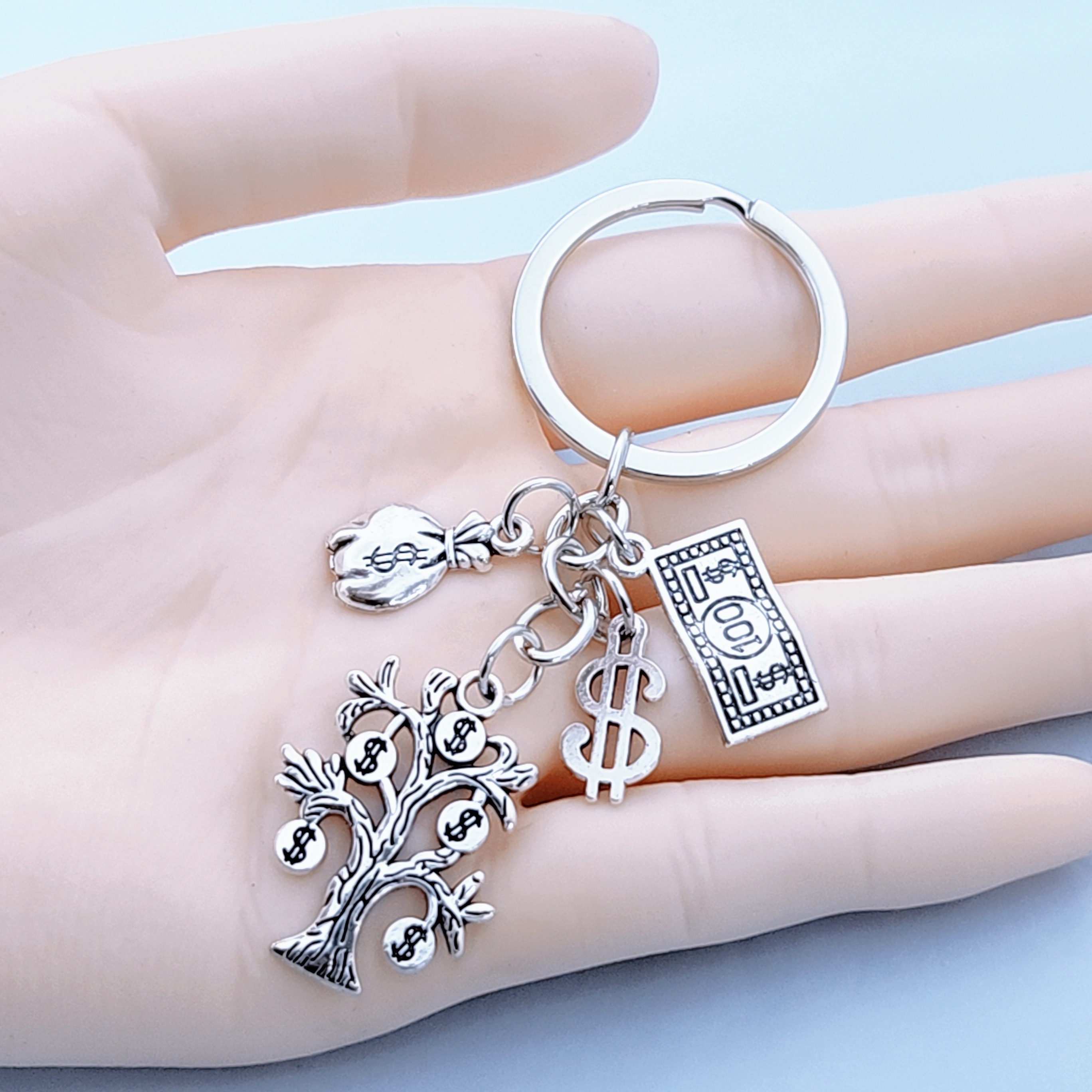 

Vintage Money Tree Keychain: Money Bag, Wallet, Usd Logo Pendant, Zinc Alloy, White, Non-engraved