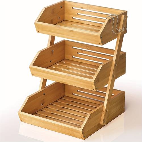 3 2 tier wooden fruit basket stand large capacity kitchen organizer with open slat design for vegetables bread produce multi level countertop storage shelf easy assembly natural