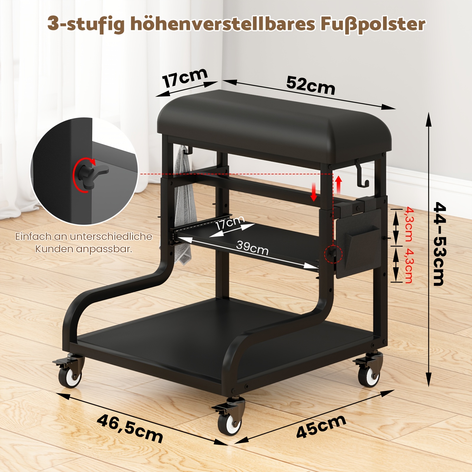 Pedicure Stool With Three- Adjustment, Pedicure Chair With Foot Bath Trolley And Casters, Pedicure Footrest With Storage Space, Mobile Foot Care Trolley Suitable For Nail And Beauty Salons.