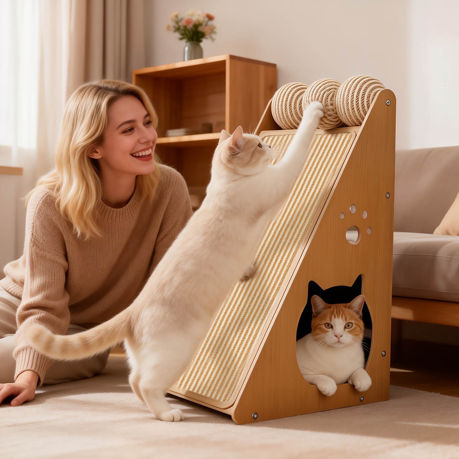 Scratching Post And Bed With Sisal Rope And Toy Ball Set - Stable, Multifunctional Cat Condo And Toy - Integrated Design For Scratching, Resting, And Playing - A Happy Castle For Indoor Cats