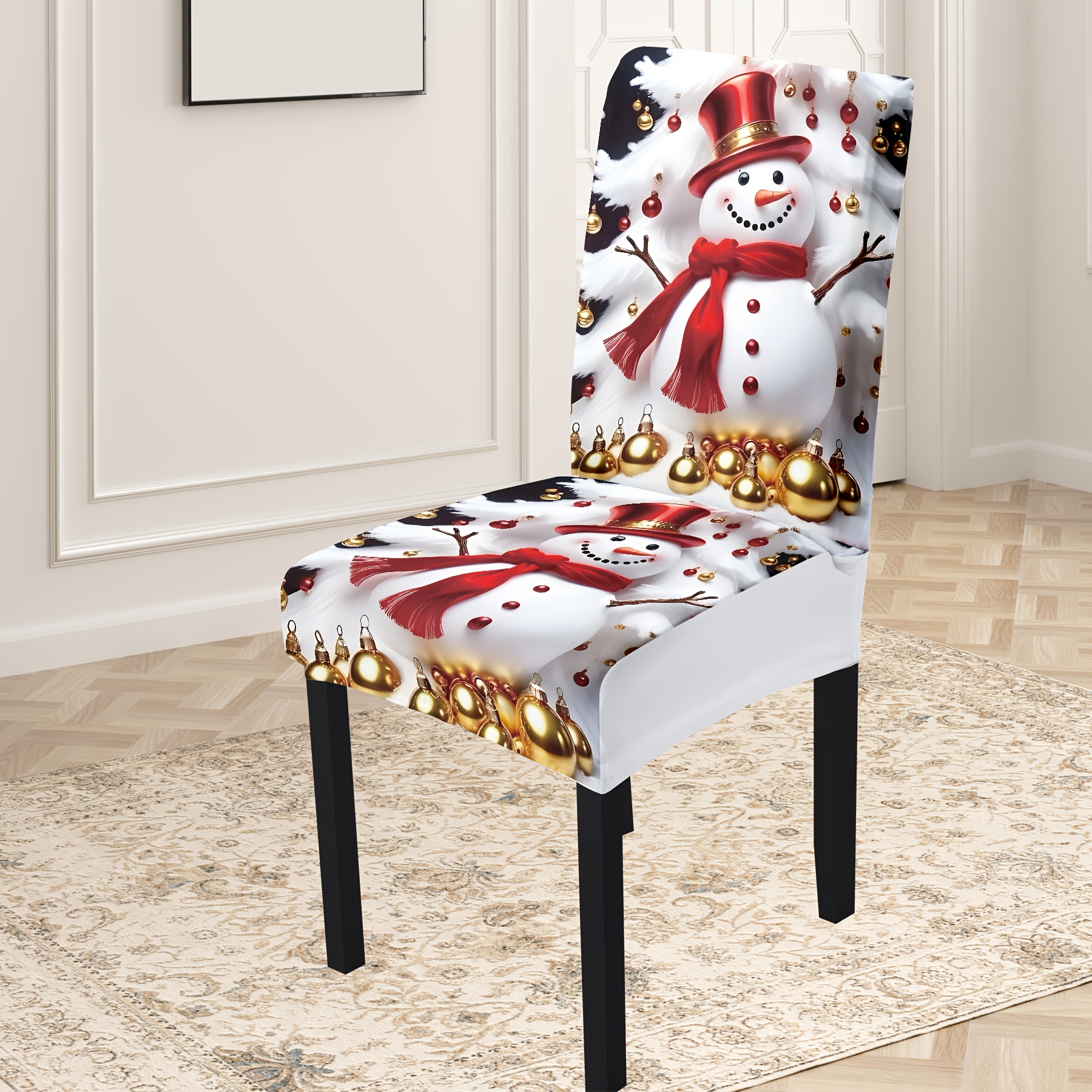 

Chair Cover With Elastic Fabric, White Christmas Snowman Design, Suitable For Indoor Home Decor, Durable And Easy To Clean