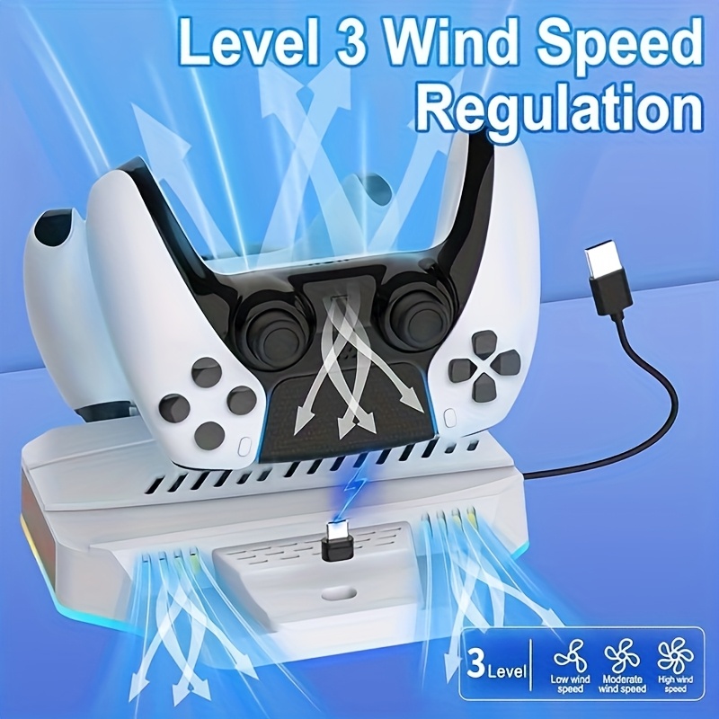 Koelstandaard voor de PS5 Pro/Slim console, inclusief een controller oplaadstation, ontworpen voor zowel de disc als de digitale edities, met een oplaadstation voor PS5/ voor ps5 Edge, een verstelbare ventilator met drie snelheden en een indicatorlamp
