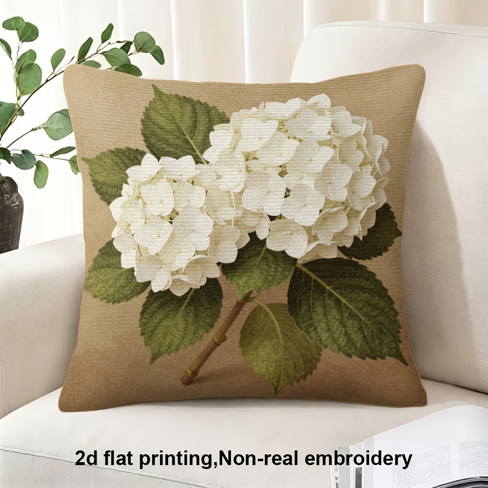 TEMU 2d Flat Printing, 1pc, White Hydrangea Flower With Green Leaves, Pillow Cover, Double-sided Printing, Polyester, Very Suitable For Decorating