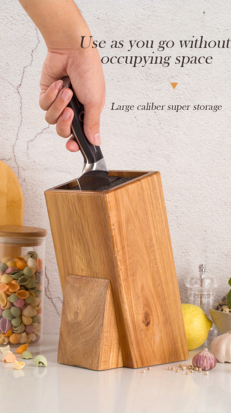 universal knife block without knives acacia wood knife holder knife organizer with removable plastic bristles details 0