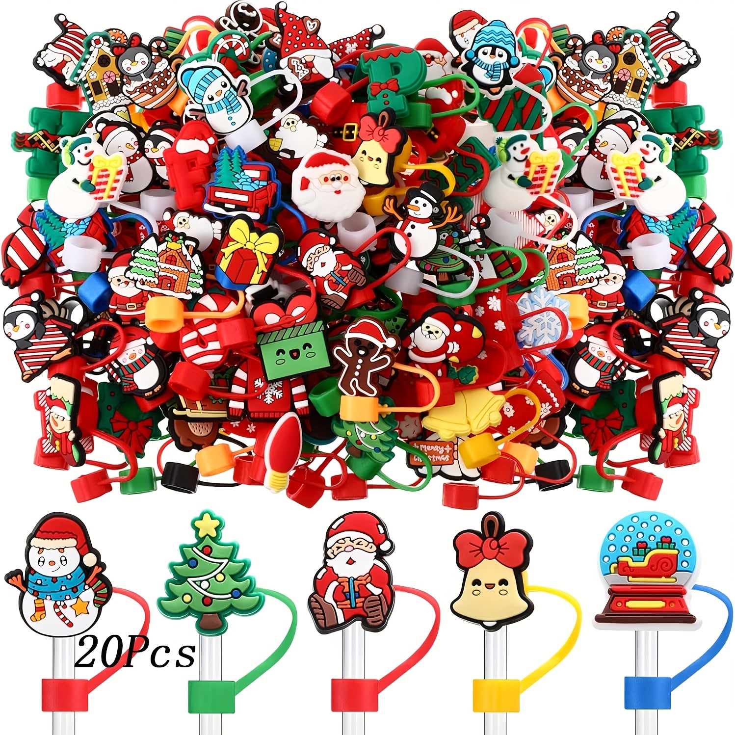 Image of 20 Random Christmas Straw Covers With Handles, Suitable For 9-10mm Straws, Silicone Drinking Straw Covers, Cups, Christmas Gifts, Party Gifts