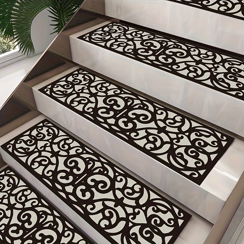 

Elegant Black Rubber Non-slip Stair - Self-adhesive, Cutout Design, 29x9.4" With Scroll Pattern For Home & Garden Safety