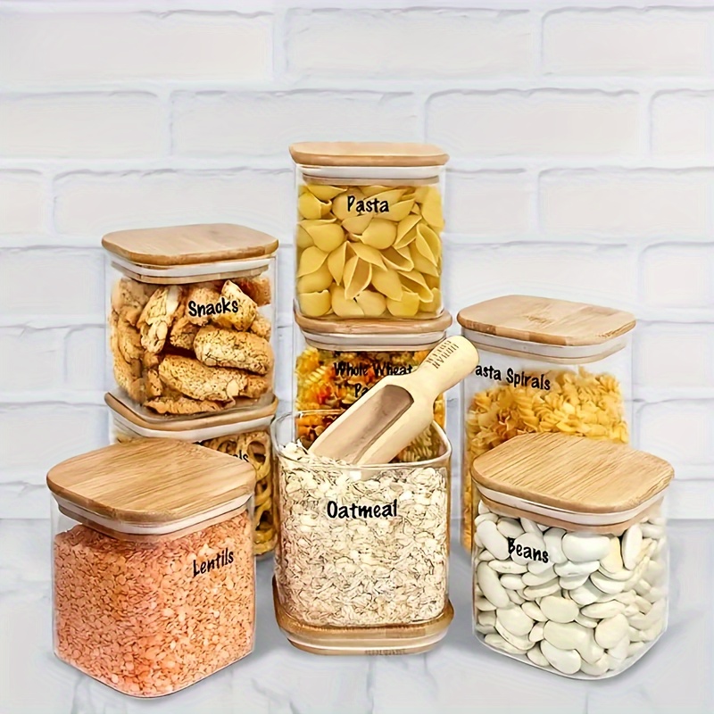 a set of 12 glass spice jars with bamboo sealing lids and labels square containers for seasoning storage complete spices glass seasoning jars with lids lead   tools kitchen accessories details 4