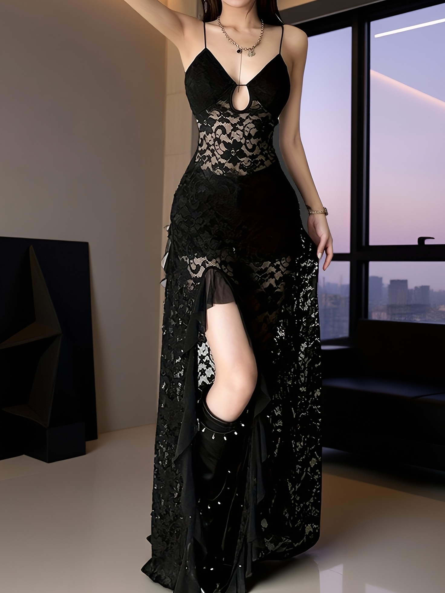 knee length dresses for ladies Lace Mini Dress With Frill Detail Black Festival Holiday Outfit –  Styledup.co.uk