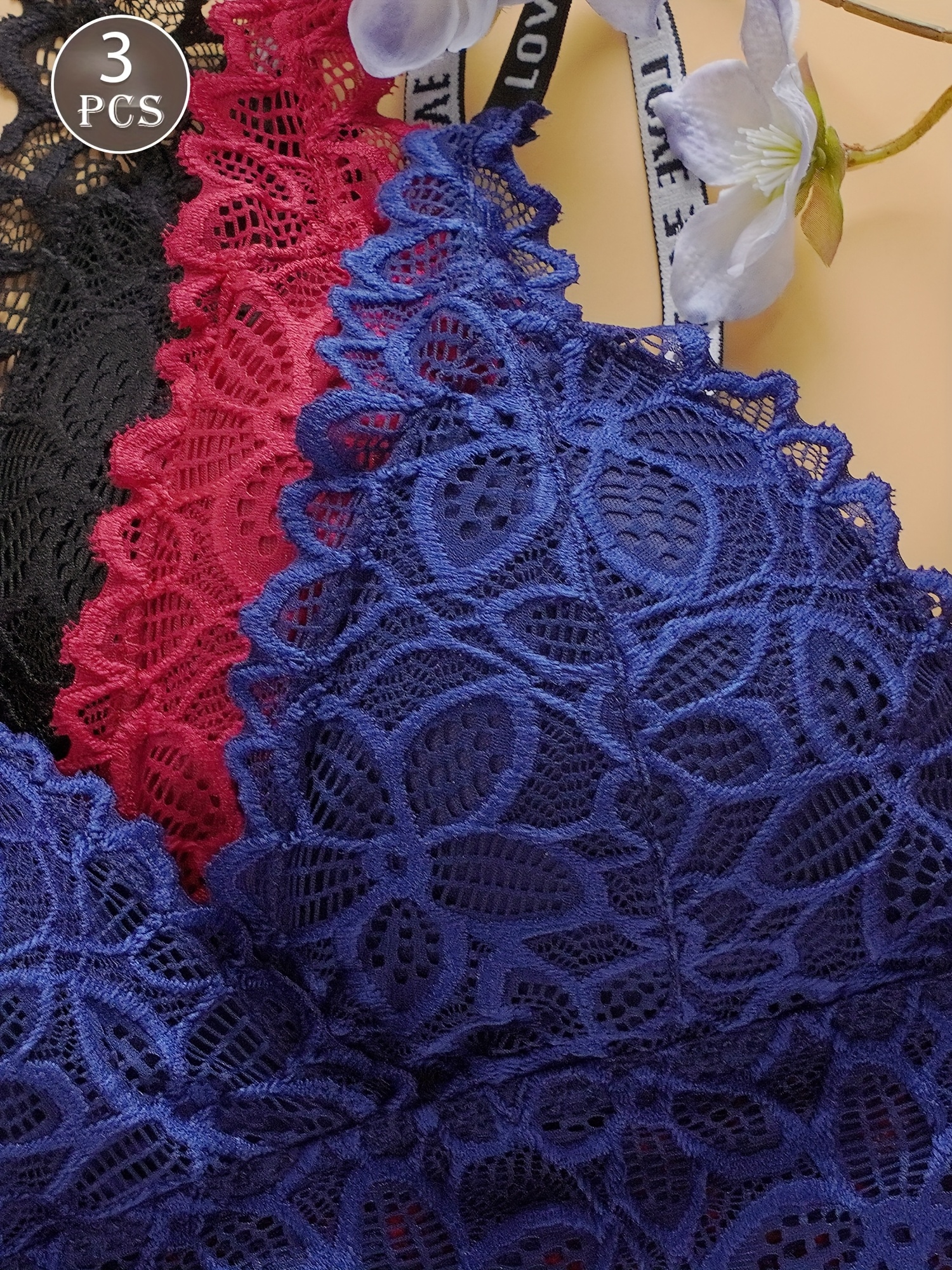 multi color free combination three piece female sexy wireless flower lace bra detachable pad love printed strap light underwear set details 2