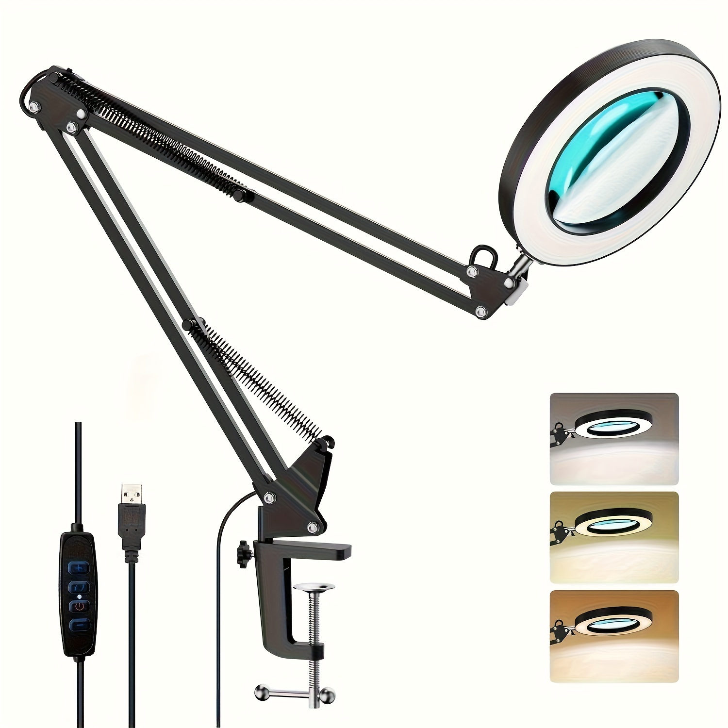 

1pc Usb Powered Magnifying Glass With Light And Clamp, Led Magnifier Lamp, 3 Modes Stepless Dimmable Led Light, Room Decor (battery Not Included)