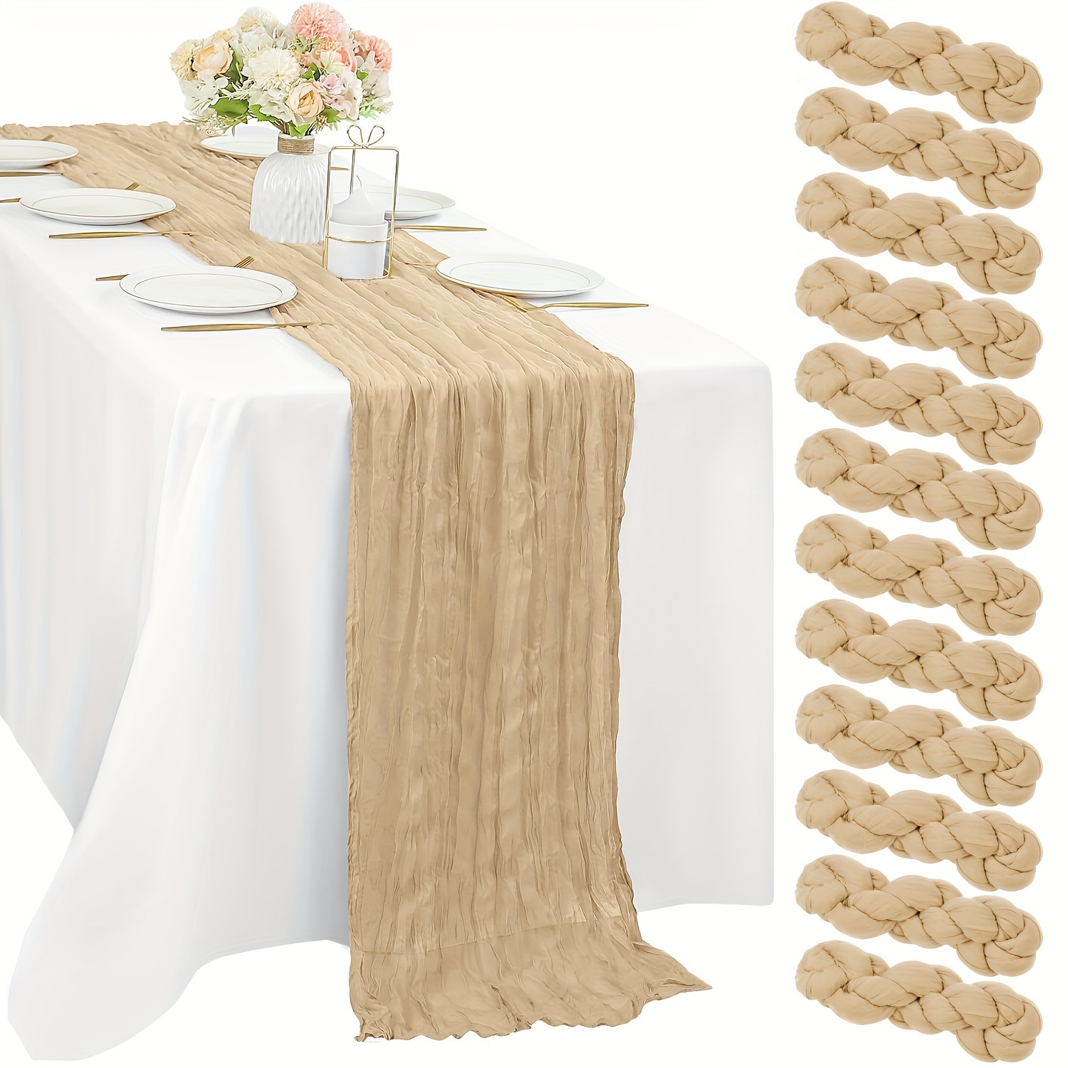 

12pcs Luxurious Bohemian Cheesecloth Table Runner Set - Elegant Champagne & Design For Weddings, Bridal Showers, Birthdays &