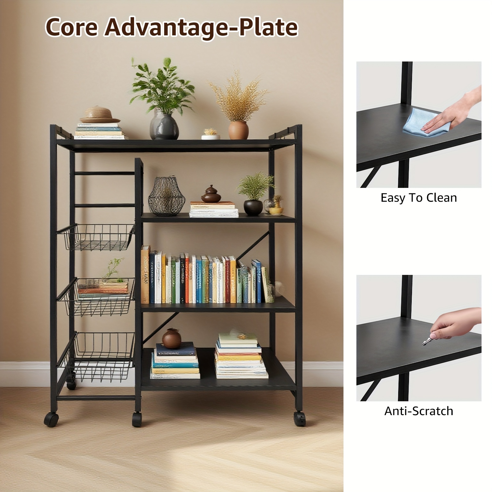 Multi-Purpose Rolling Kitchen Cart with 3-Tier Storage Baskets