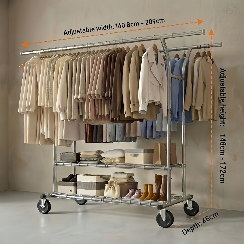 TEMU Perchero Rodante de Ajustable de Resistencia con de Acero Inoxidable - Ancho, Ideal para Dormitorio/Lavandería, Ahorra , Capacidad de 650 Lbs,