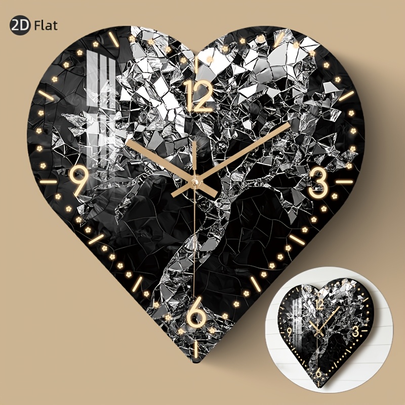 item picture 1pc modern silent non ticking wall clock with     glowing numbers irregular heart shaped suitable for bedroom entryway battery free operation hd glossy lamination   artificial wood