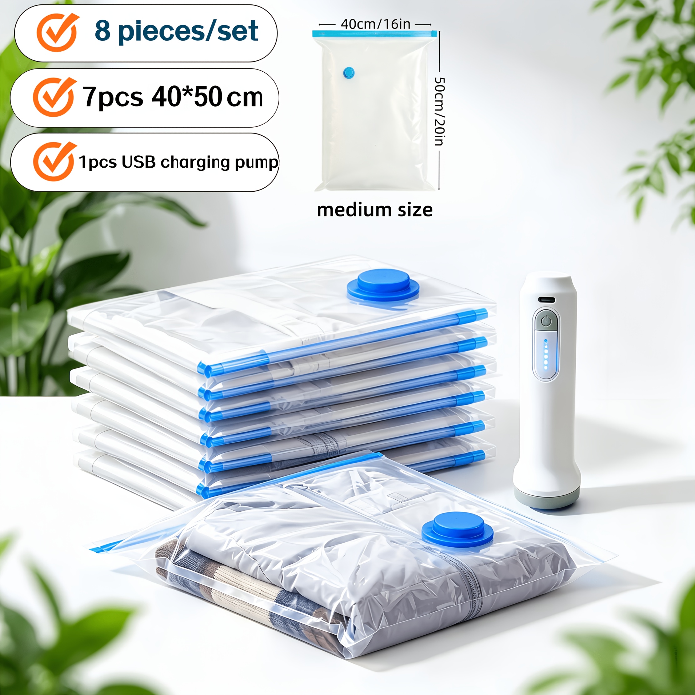 TEMU 8pcs/set Vacuum Storage Compression Bag Set And Rechargeable Handheld Electric Vacuum Pump, Reusable Vacuum Sealing Bags For Clothes, Blankets,