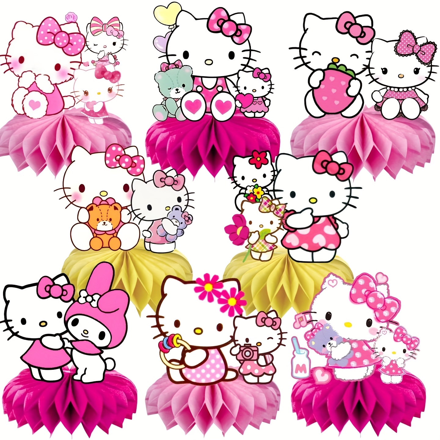 8pcs Hello Kitty Party Packs Birthday Party Desktop Decorations Honeycomb Ornaments Dining Table Party Honeycomb Ornaments Paper Honeycomb Bases Party Decorations