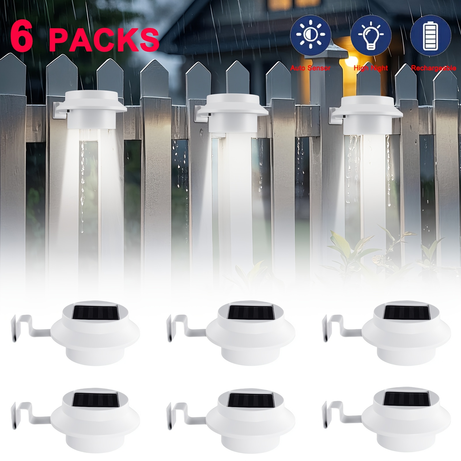TEMU Lot de 6 lampes solaires, lampes de clôture avec 3 LED, décoration paysagère extérieure marche/arrêt automatique à l'obscurité, facile à