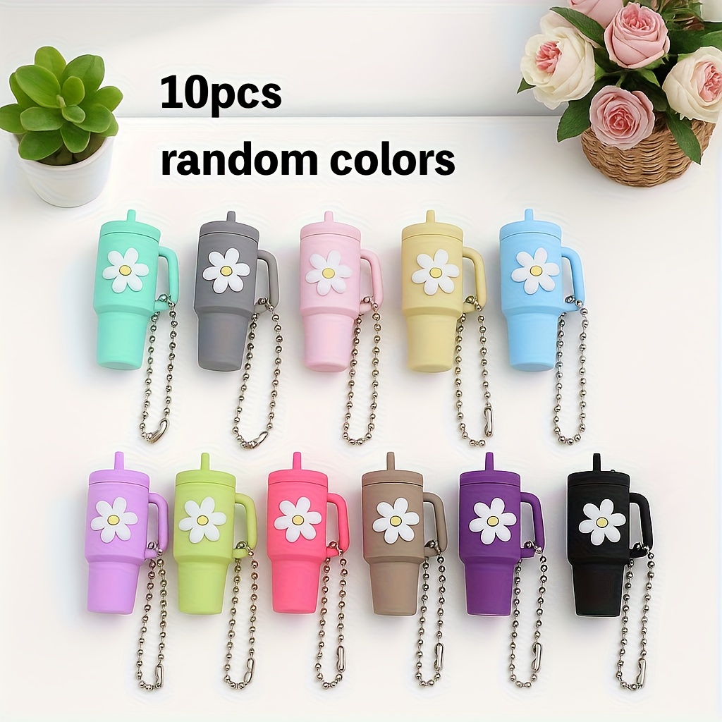 E-shop 10 Stk. Mini-Becher-Schlüsselanhänger – Weiche Schlüsselringe mit bunten Blumendesigns – Süße Geschenke & Dekorationen – Zufällige Farben