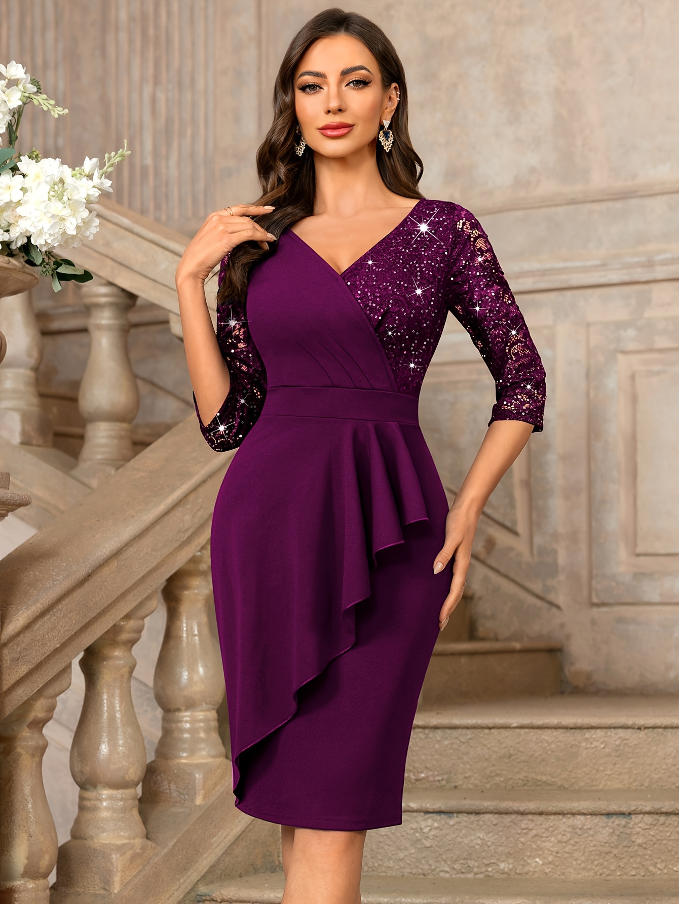 54520A Women'S Elegant V-Neck Sequin Lace Trim Ruffle Hem Bodycon Dress  Knee-Length Winter Wedding Bridesmaid Dress with Pencil Skirt Silhouette, Br