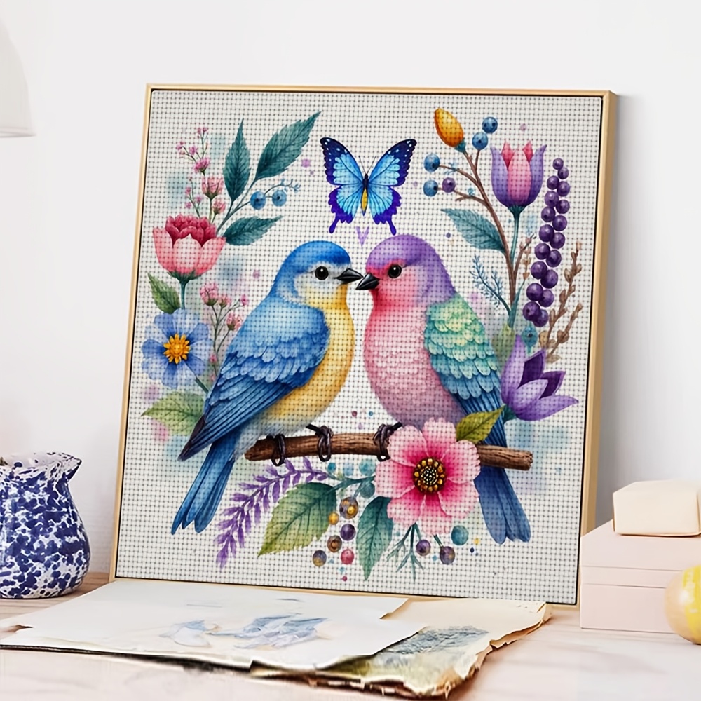 11CT Frameless DIY Cross Stitch Kit, Two Birds, Flowers, Butterfly