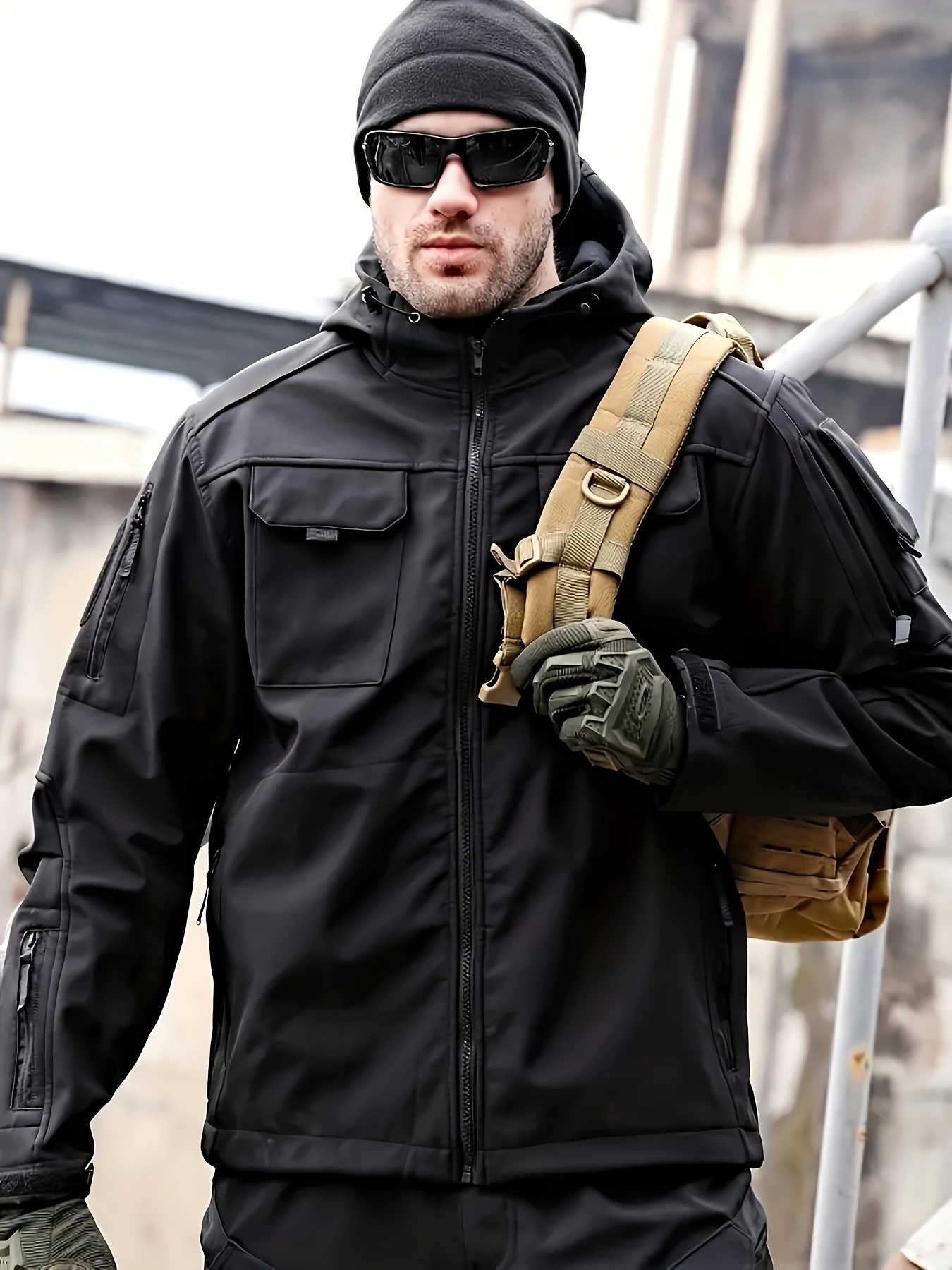 men's outdoor zippered shell jacket pockets windproof - Temu