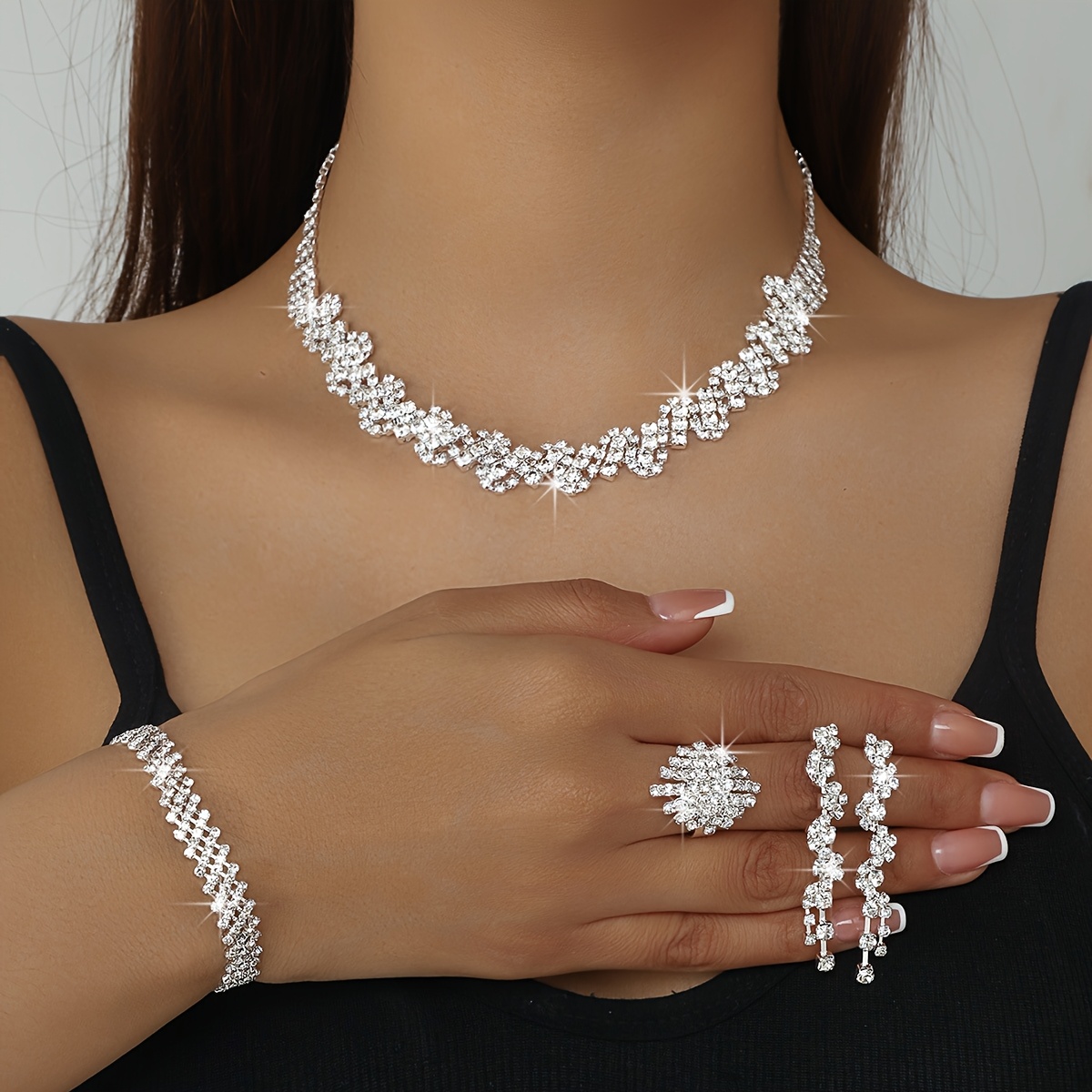 Image of Luxury Temperament Exquisite Rhinestone Necklace Bracelet Ring Earrings 4pcs Set Bridal Jewelry