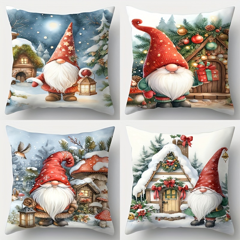 

Festive Christmas Gnome Pillow Cover - Single-sided Printing, 17.72in X 17.72in, Contemporary Style, Hand Wash Only, Zip Closure, Suitable For Living Room, Polyester Fabric