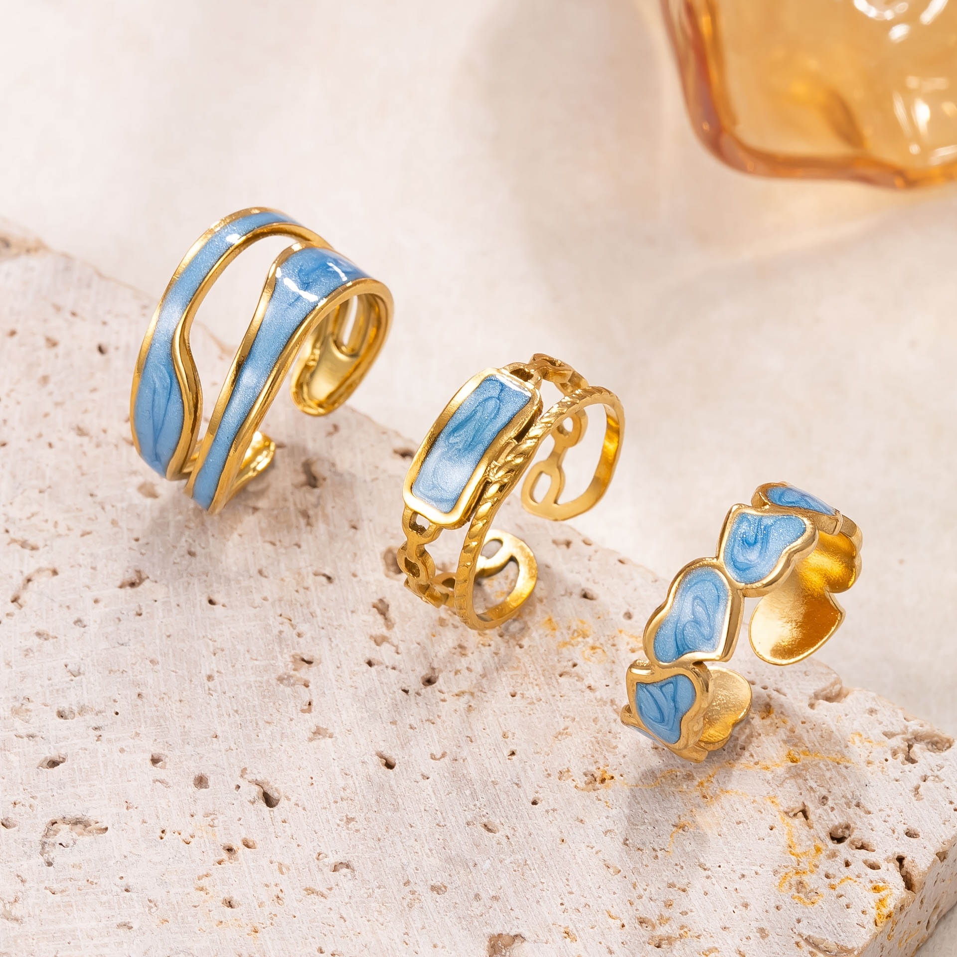 TEMU 3 304 304 Stainless Steel Rings, Blue Design, Easy And Light Luxury Suitable For Daily And Party Wear