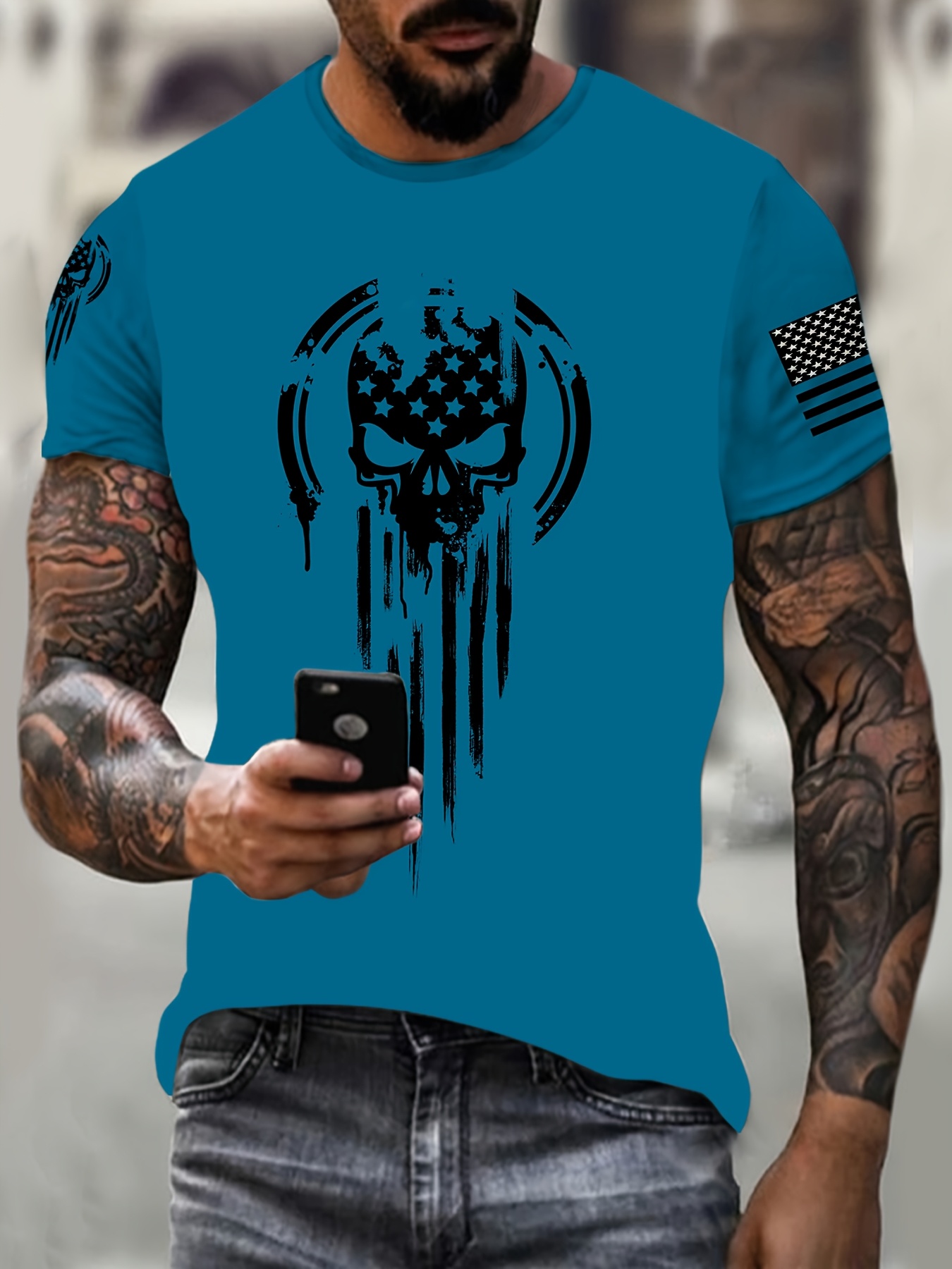 1pc HXMRBY Men'S 3D American Warrior Skull Military Print T-Shirt, Casual Sports Crew Neck Tee, Polyester Knit Fabric with Slight Stretch, Regular Fit for Summer Daily Wear, Plus Size