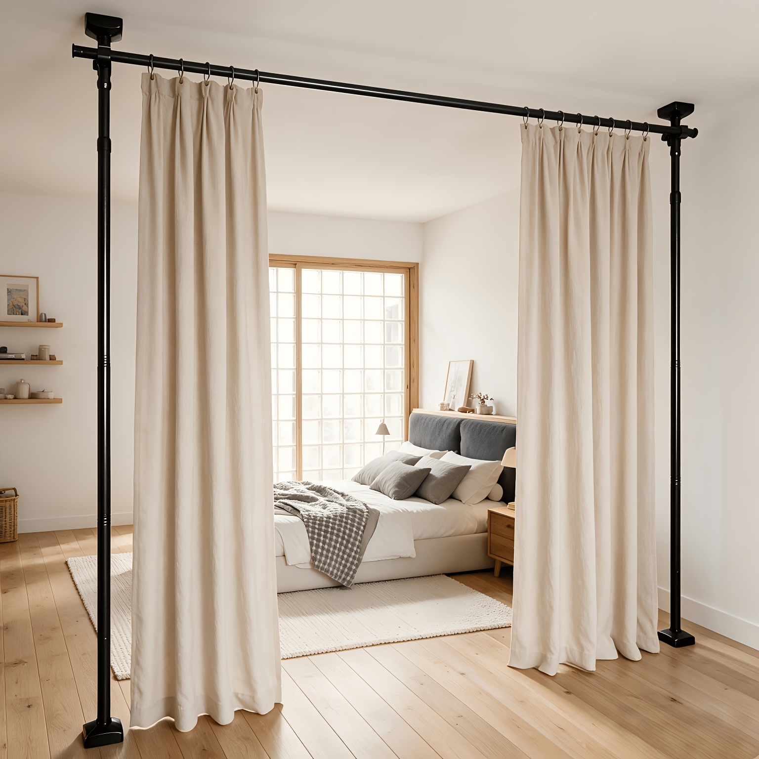TEMU Adjustable Room Divider No Drilling Curtain Rod - Heavy Duty Freestanding Tension Curtain Stand For Bedroom Separation - 4-10ft Height, 28-114in