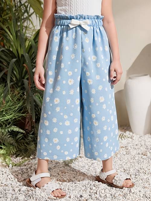 girls summer floral print wide leg long pants suitable for vacation daily outfit for outdoor