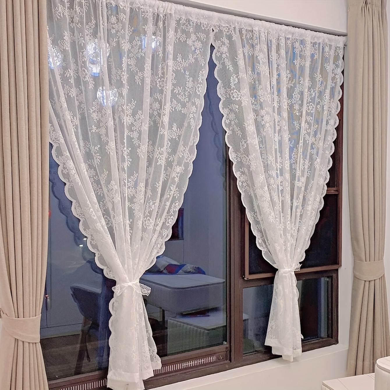 

2pcs Rustic Floral Lace Sheer Curtain Panels, Light-filtering Polyester Rod Pocket Window Drapes For Bedroom, Machine Washable Knitting Yarn, Woven Uncorded Curtains With Flower Theme