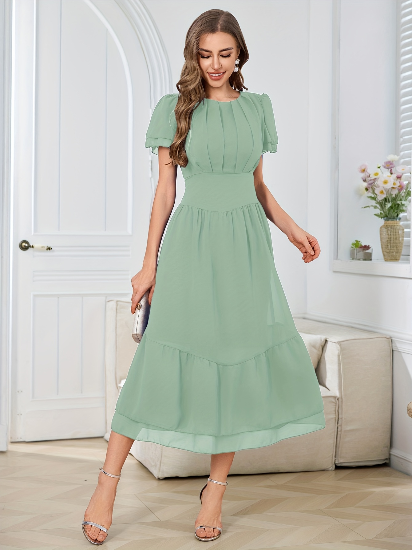 round neck a line dress Short Sleeve Ruffled V-Neck A-Line Midi Dress for Wedding Guests