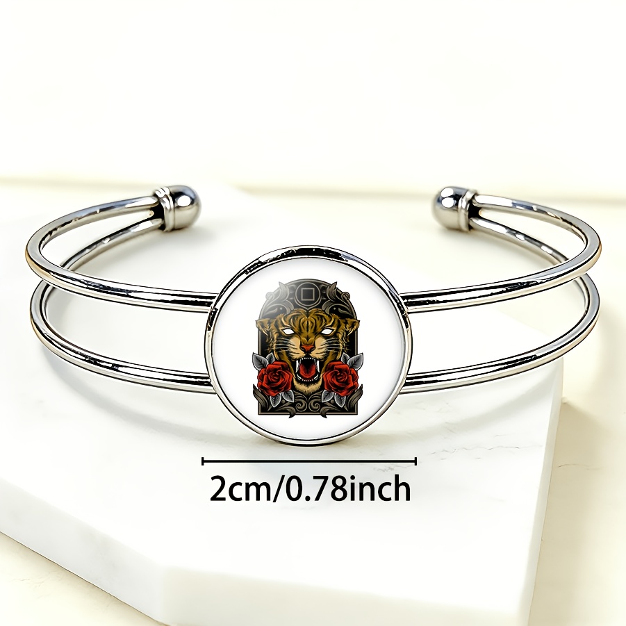 Adjustable Open Bangle with Roaring Tiger and Rose Design
