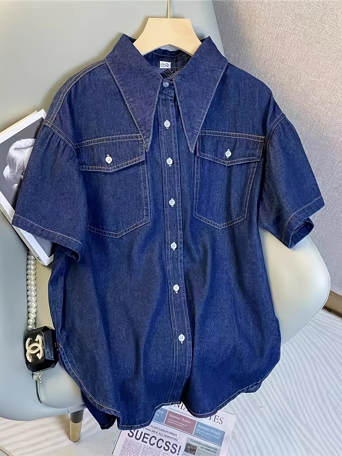 レディースカジュアル半袖デニムボタンアップシャツ ブルーのコットン  