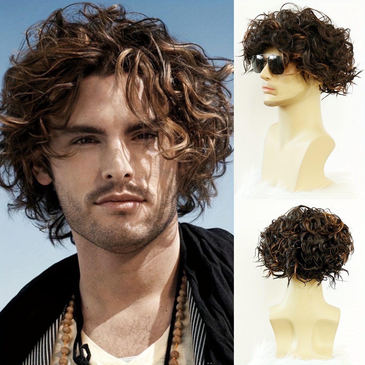 

Men's Short Curly Wig: , Heat Resistant Fiber, Cap, 130% Density, Curly , Suitable For All