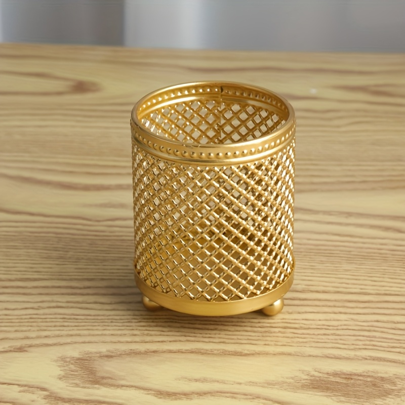 TEMU 1pc Nordic-style Golden Metal Pen Holder, Which Is Suitable For Storing Beauty Tools, Makeup Brushes And Can Be Used As A Storage Box For The