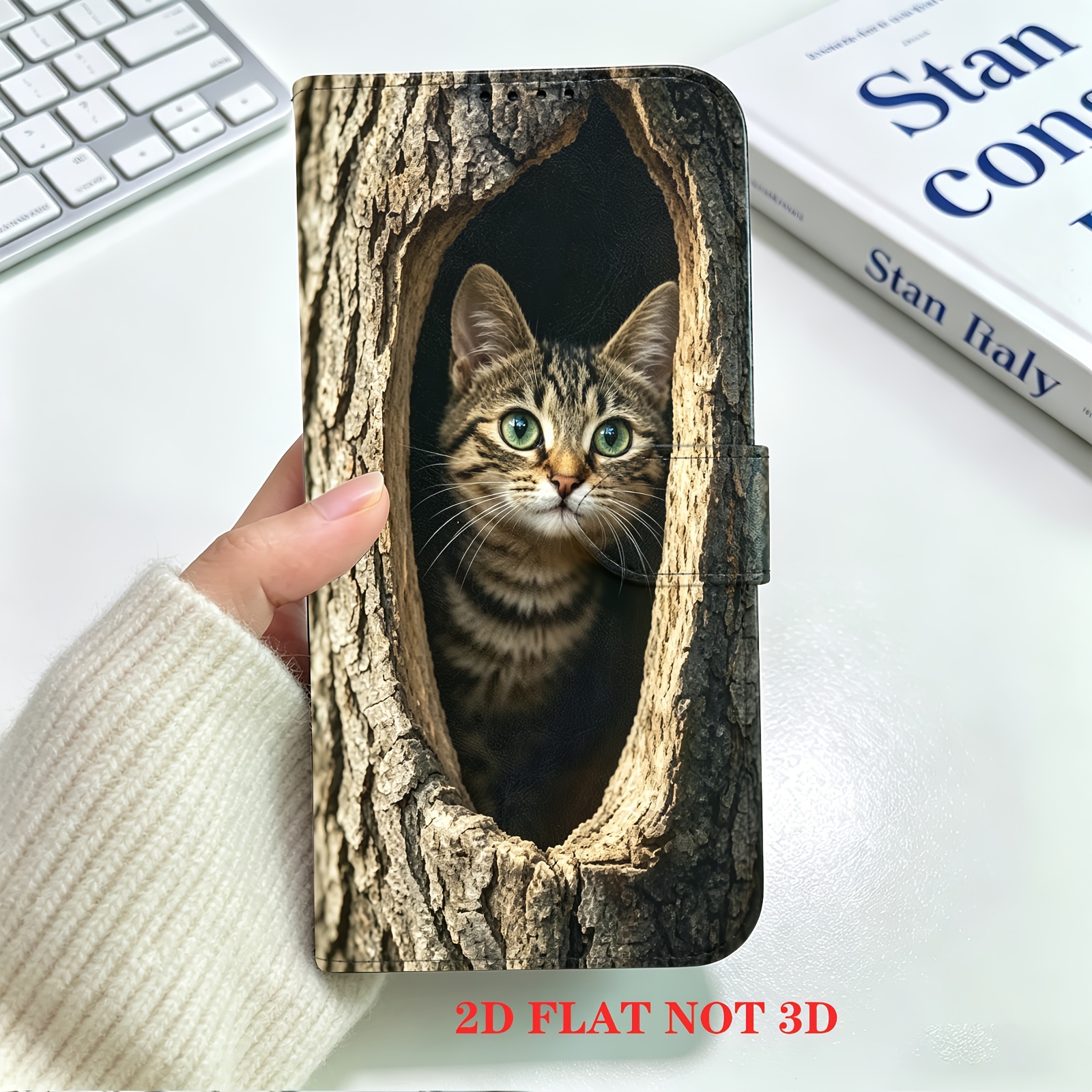 TEMU Phone Case: 2d Flat Tree Hollow Peeking Cat Phone Case, Synthetic Leather Wallet Case Suitable For Iphone 6 7 8 9 11 13 14 15 Se2 Se3 Se (2020)