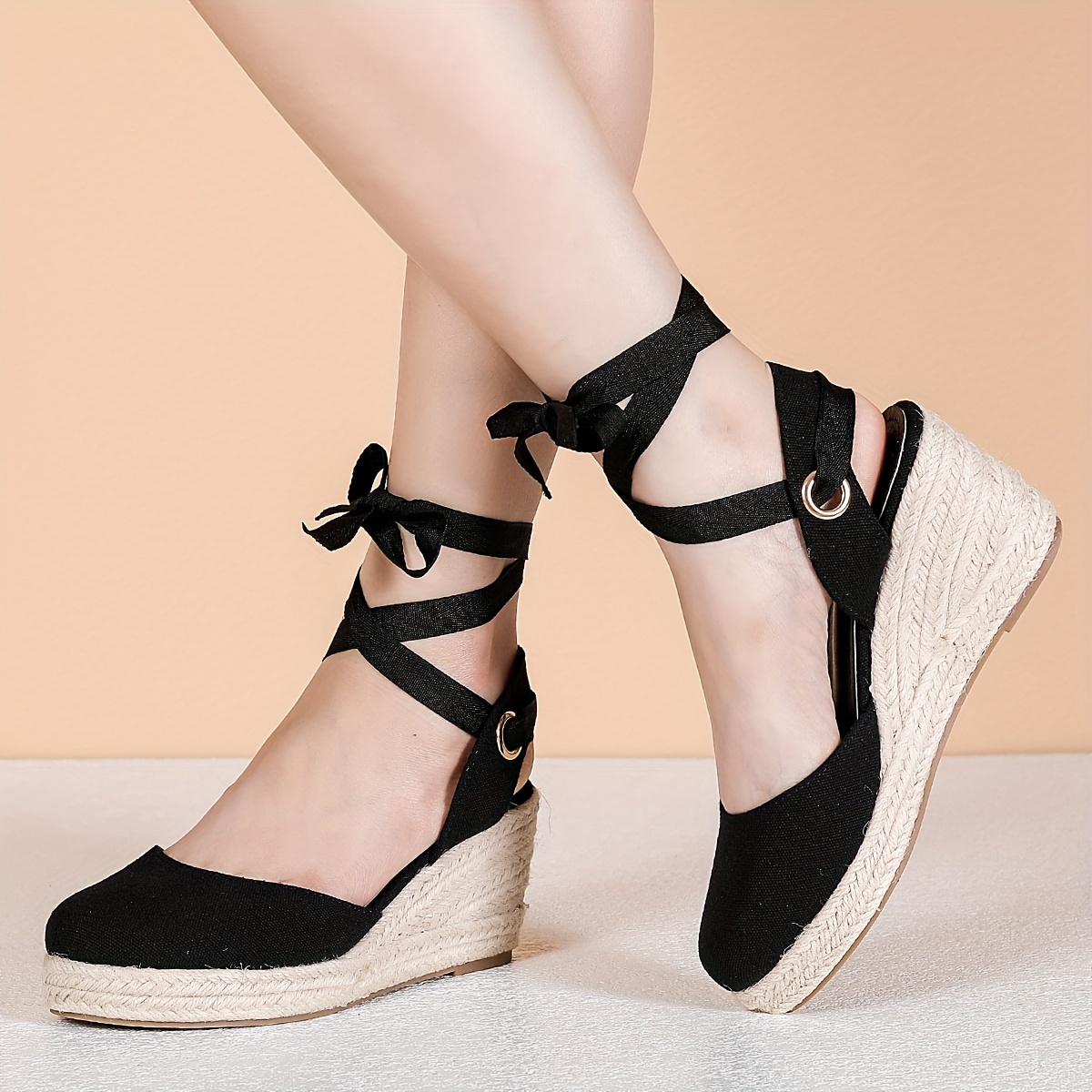 fashion black espadrille wedges women summer canvas upper Temu