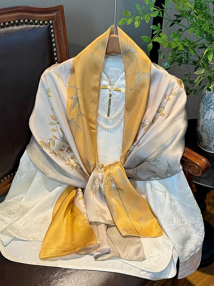 OAW Women's 100% Silk Scarf Shawl - Lightweight Apricot Beige & Turmeric-Yellow Branch Bird Print Suitable for Casual Outings, Office, Travel, Wraps, Neck Warmers, Bag - Elegant Oriental Design with Soft Satin Sheen