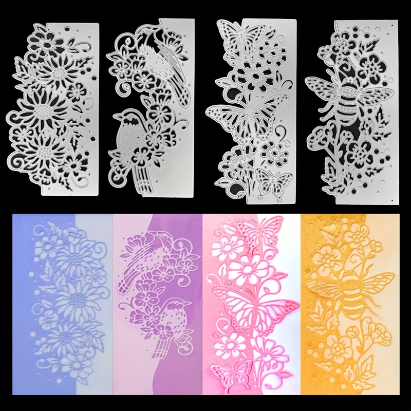 E-shop 4-teiliges Set Schmetterlingsblumen-Spitzenrahmen-Stanzformen für Kartenherstellung, Bienenförmige Rand-Metallstempel,