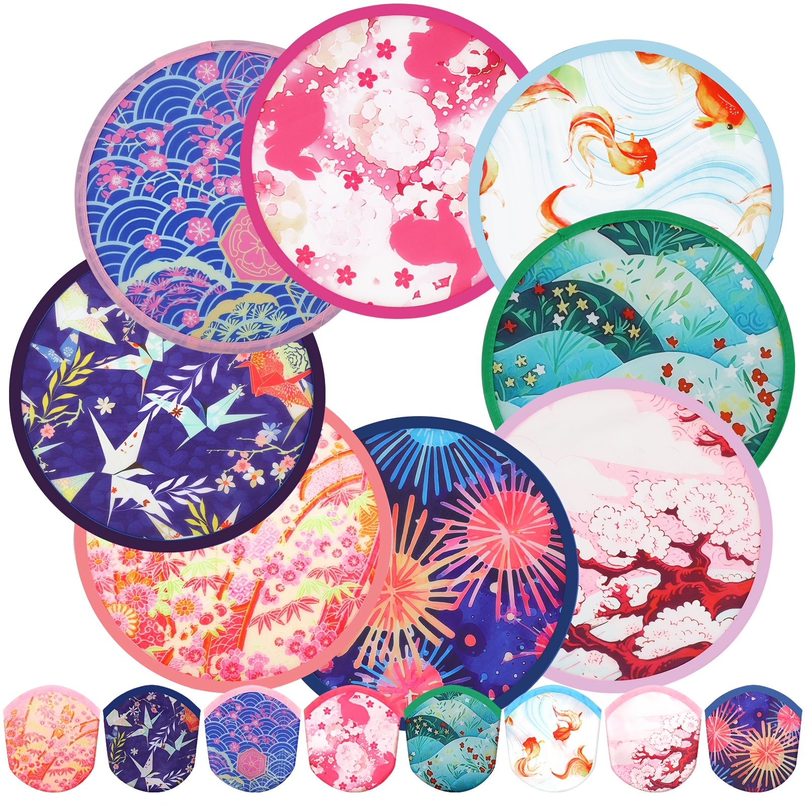 TEMU 24-pack Foldable Handheld Fans - Summer Floral & , 8 Unique Styles, Lightweight Plastic, Daily Use, Festivals, Weddings & Parties
