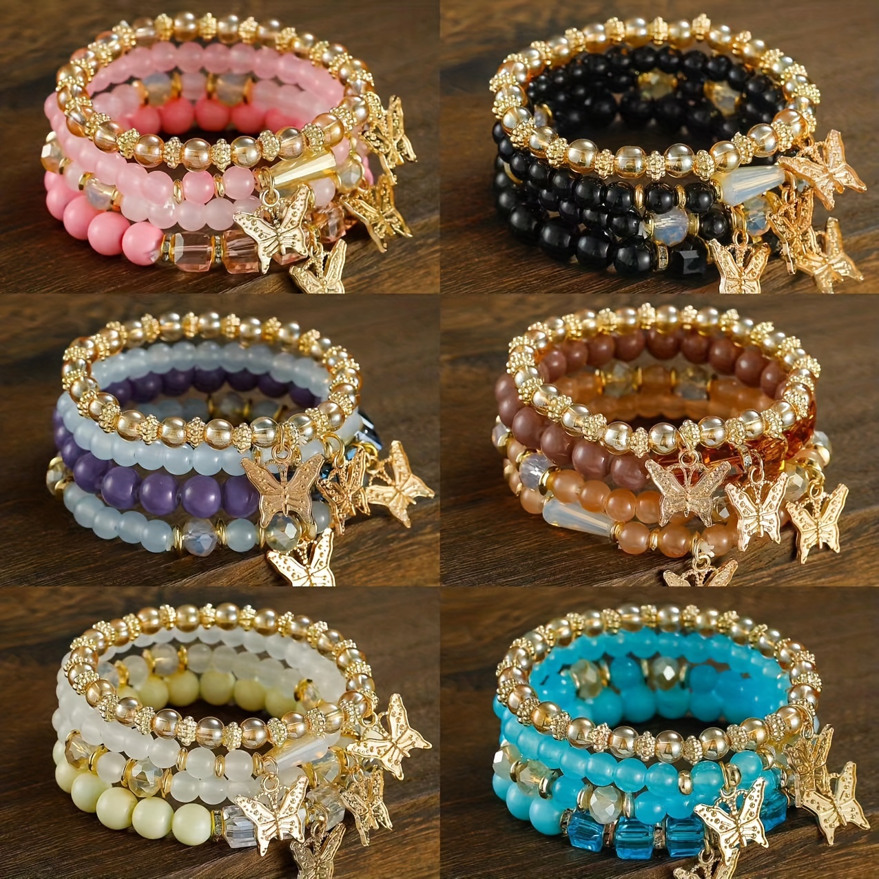 

Bohemian Style Elastic Charm Bracelets For Women, 24pc Set, Butterfly Accents, Multi-layered Beaded Design, Fashionable Glass Beaded Jewelry, Gift For Ladies Over 15 Years Old Without Plating