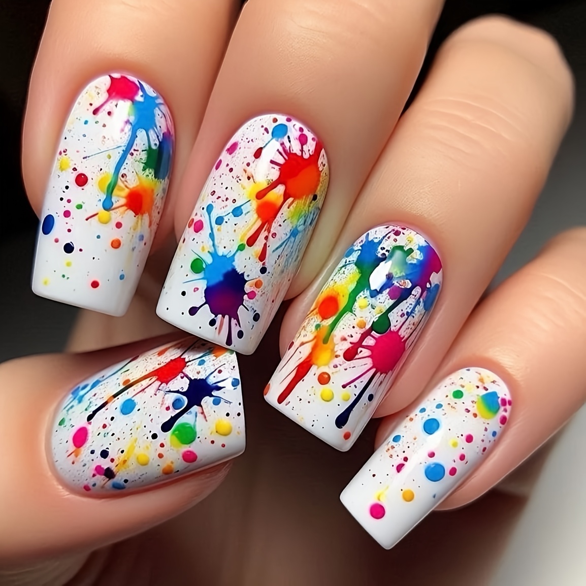 Image of 24pcs Women's False Nails Mixed Colors Square Nail Length With Colorful Ink Splatter Individual Fashion -on Nails Glossy Press-on Nails Removable Press-on Nails Reusable Suitable For Ladies And
