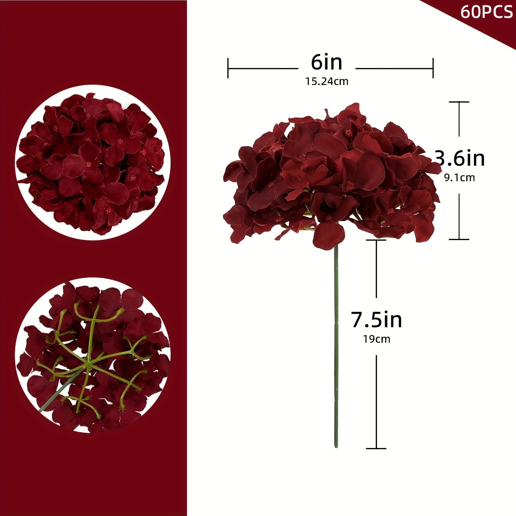 60pcs Wine Red Artificial Hydrangea Flowers With Stems - Realistic Touch, High-quality Polyester For Diy Home Decor, Wedding & Holiday Centerpieces, Indoor/outdoor Use, No Maintenance Needed