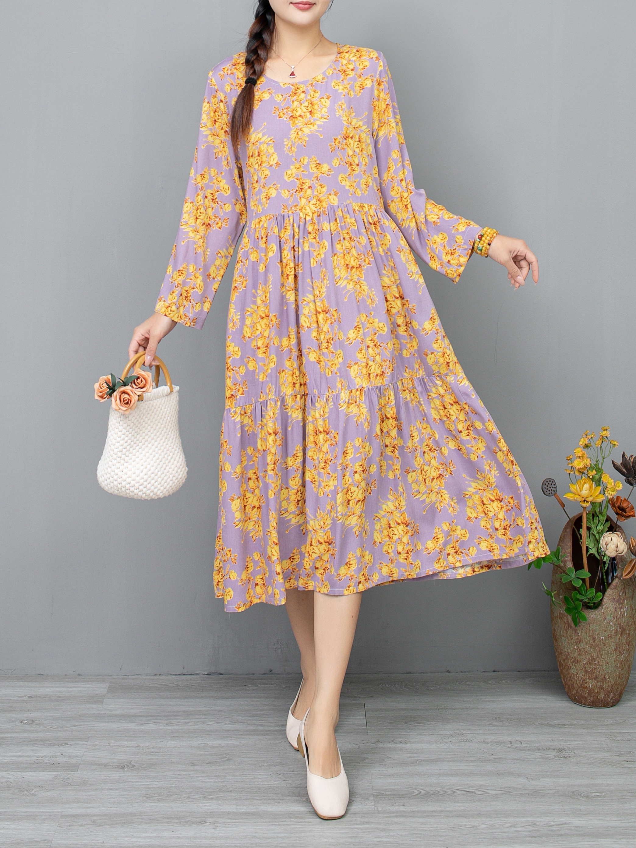 floral print crew neck dress elegant long sleeve a line dress for spring fall womens clothing